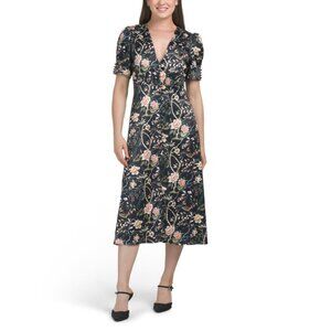 ELIZABETH JAMES THE LABEL Black Reese Short Sleeve Floral Midi Dress